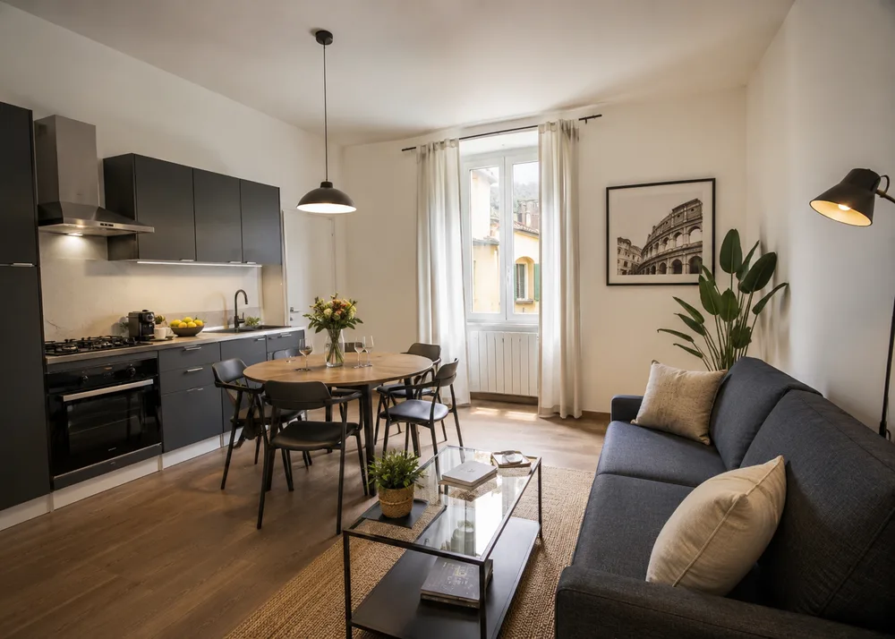 Open-plan living and dining area with Colosseum print at Labicana 12 Apartment