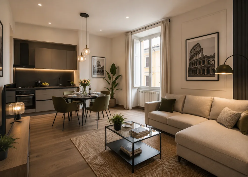 Bright living and dining room with a sofa and Colosseum prints at Merulana 117 Apartment